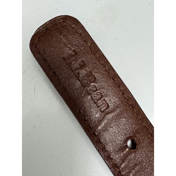 LL Bean Brown Leather Khaki Canvas Fish Embossed Belt Canada Size 44 - Picture 8 of 8